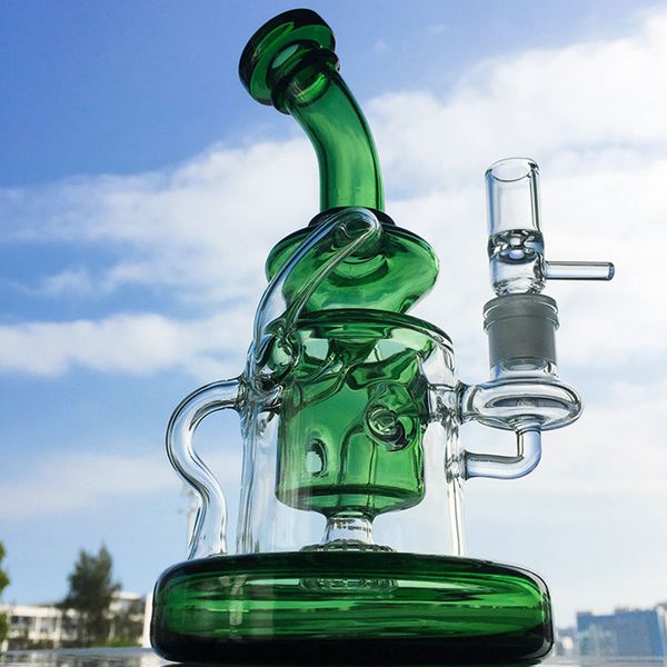 Tornado Recycler Cam Bongs Duş Başlıklı PERC BEŞKEN 9 inç 4mm Kalınlık 14mm Dişi Eklem Boruları Ağır Base Klein Recycler Yağ Dab Teçhizatları Kase