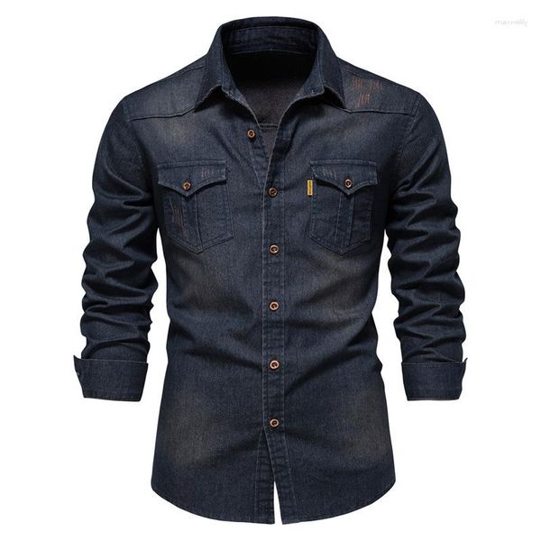 Herren lässige Hemden European American Vintage Shirt Männer Denim mit Revers hochwertigem Motorrad