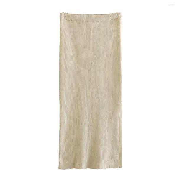 Gonne gonne in maglia gonna midi donne eleganti beige elastica in vita per la donna chic femmina abbigliamento 2023