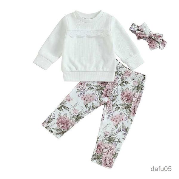 Kleidung Sets Baby Girls 3 -teilige Kleidung lange Ärmel Waffelobert Spitzen und elastische Blumenhosen Stirnband Fall Outfits Set R230814