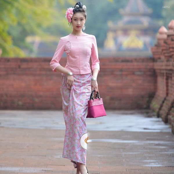 Ethnische Kleidung traditionelle Thailand Kostüm für Frauen Tops Bluse Long Rock rosa Stil Südostasiatischer Thai Kleid Dai