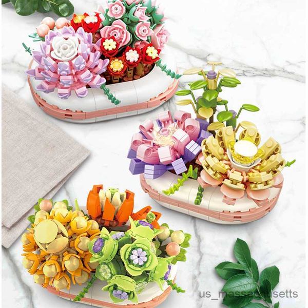 Блоки Bonsai Flower Bouquet Orchid Pot Pot Plating Blocks Model City Street View Friends Toys For Girl Gift R230814