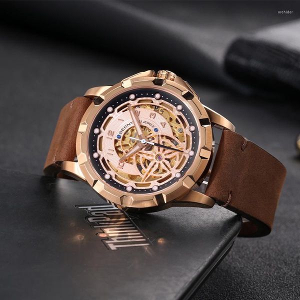 Armbanduhren Berny Männer beobachten automatische selbstwickelnde mechanische 8n24 Luxus Steampunk Luminous 5atm wasserdichtes Armbanduhren Male