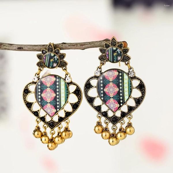 Brincos de balanço boho coração colorido gota jhumka para mulheres jóias ciganas liga étnica pequena borla de sino