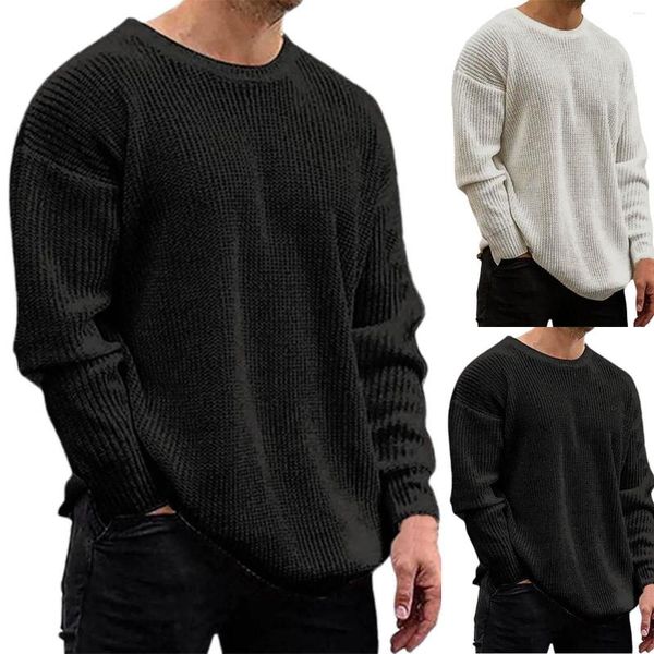 Suéteres masculinos malha suéter de cor sólida colo redonda de manga comprida Pullover grande e alto camisetas gráficas para homens homens