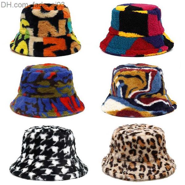 Chapéus de aba larga Chapéus de balde Novo Buckethats de inverno Pursão de peles fofas chapéu de panamá da moda e acolhedor chapéu de pescador letra arco -íris impressão de leopardo z23814