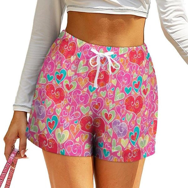 Shorts femininos corações namorados corações femininas imprimem gráficos casuais de alta cintura de grande tamanho grande calça curta elegante fundo elegante