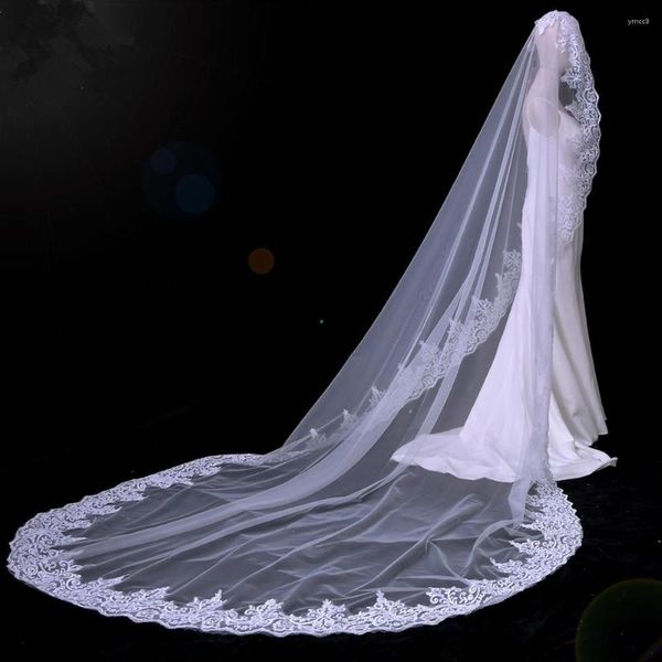 Veli da sposa da matrimonio lungo pizzo appliqued velo 3m mantilla cattedrale con beige di rifinitura francese floreale