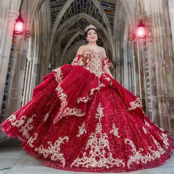 Bling Rot Perlenkugel Kleid Quinceanera Kleider Schatz Hals Spitze appliziert süße 15 Prom Partykleider2996