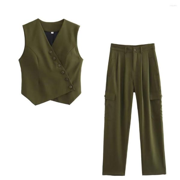 Pontas de duas peças de duas peças Colete verde e calça de carga Mulher Moda Moda Lady Long Set Female High Street 2 Conjuntos 2023