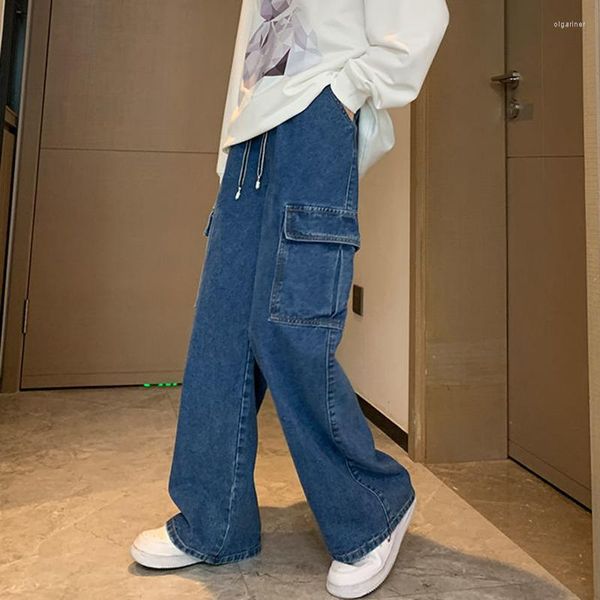 Kadın Kotları Lucyever Big Ceps Kargo Kadınlar Harajuku Sokak Giyim Geniş Bacak Pantolonları Kadın Elastik Yüksek Bel Gevşek Düz Denim Pantolon