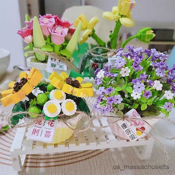 Blöcke Mini Bonsai Blumen Pflanzen Baustein DIY Green Plant Bouquet Topf -Home Dekoration Kinder Spielzeug für Mädchen Weihnachtsgeschenke R230814