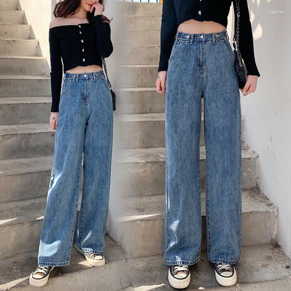 Frauen Jeans 2023 Straße hohe Taille Hosen helle Farbe Baumwolle Koreanische Mode losen Metallschnalle weites Bein Y2K Weibchen