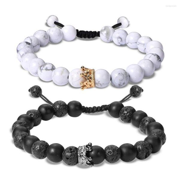 Strand Trendy Black White Stone perline con braccialetto corona in lega d'argento oro per donne coppie di braccialetti gioielli
