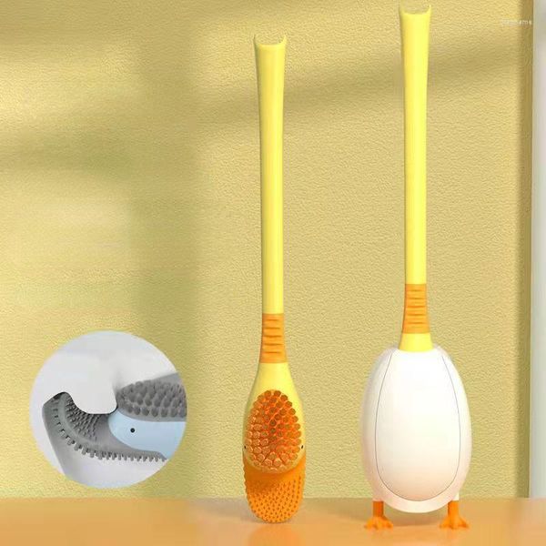 Acessório de banho Conjunto de pato Brush de vaso sanitário sem parede de ângulo morto pendurado e suporte de cabelo macio e macio com silicone com