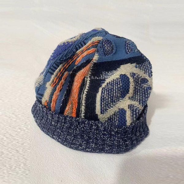 Bergen Kapital Kapital Japan lässig handgefertigt Männer gestrickte Wolle Mischhüte Retro -Nähen Geometrisch Farbblock Verstellbar warm warmer Hut