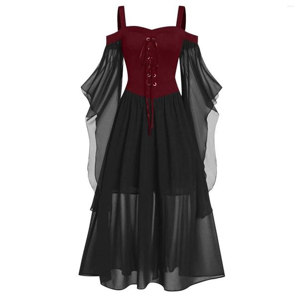 Vestidos casuais mulheres vestem ombro frio manga borboleta de halloween malha de retalhos de retalhos de bandagem grande hemved bruxa vintage para cosplay vestidos