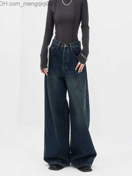 Calça masculina Y2K High Caist Retro azul escuro Jeans Straight Jeans 2023 Novo cintura coreana original da cintura solta Flipers retos completos Z230815