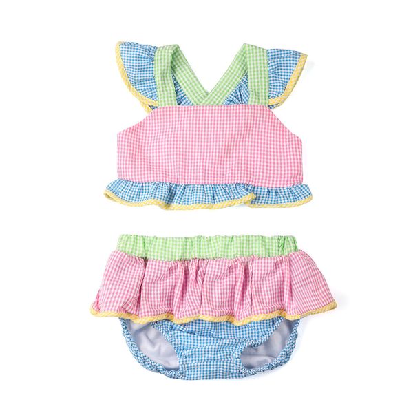Set di abbigliamento Arrivo per bambini baby girl costume da bagno seersucker toddle ragazze bambini bikini da bagno costume da bagno arco da bagno set 230814