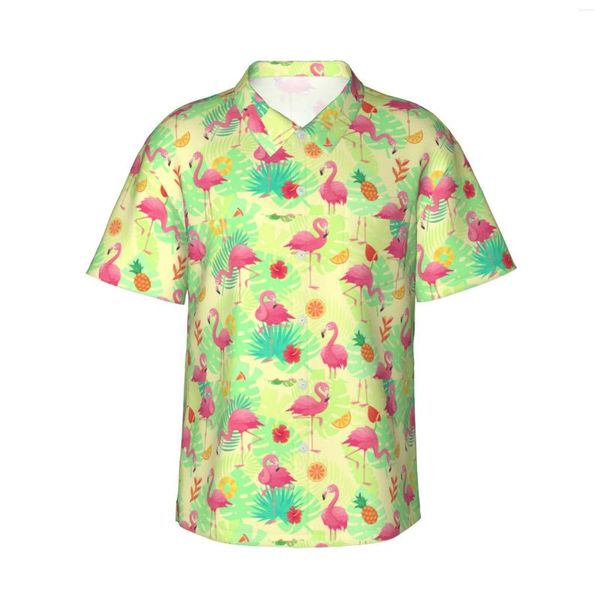 Camicie casual maschile esotiche flamingos rosa maschile hawaiano bottone corta abbottimo spiaggia floreale tropicale