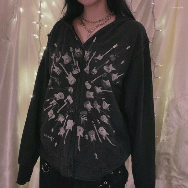 Damen Hoodies Skater Grunge Emo 00S Vintage Sweatshirt Y2K Cyberschädel Drucken Reißverschluss E-Mädchen Gothic Mall Goth Punk Coat Harajuku Kleidung