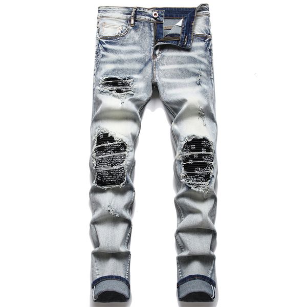 Jeans da uomo uomini motociclisti streetwear paisley bandana stampa patch elastico pantaloni denim fori patchwork strappati slim dritta neri pantaloni 230814