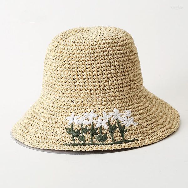 Boinas do Japão Coréia Crochê Sun Hat Women Flores de verão Puro tecido de palha de palha de palha de sol