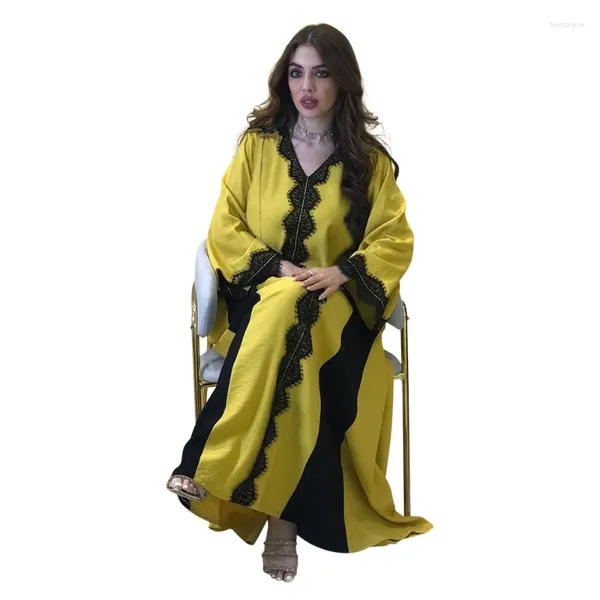 Ethnische Kleidung Middle East Fashion Spitze V-Ausschnitt Muslim Party Kleid Full Smleeves Elegante Frauen Robe Arbic Kleider Abaya