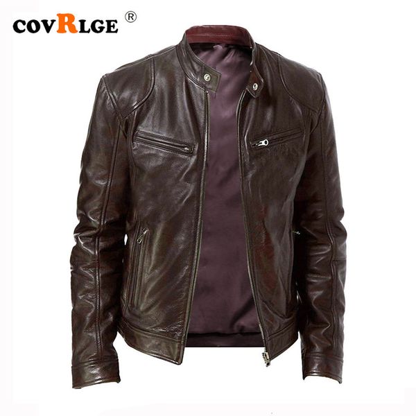 Jackets masculinos Covrlge Spring Stand-up Stand-up Collar Casaco de couro com zíper de bolso decorativo de casaco pu de casaco masculino masculino casual mwp085 230812