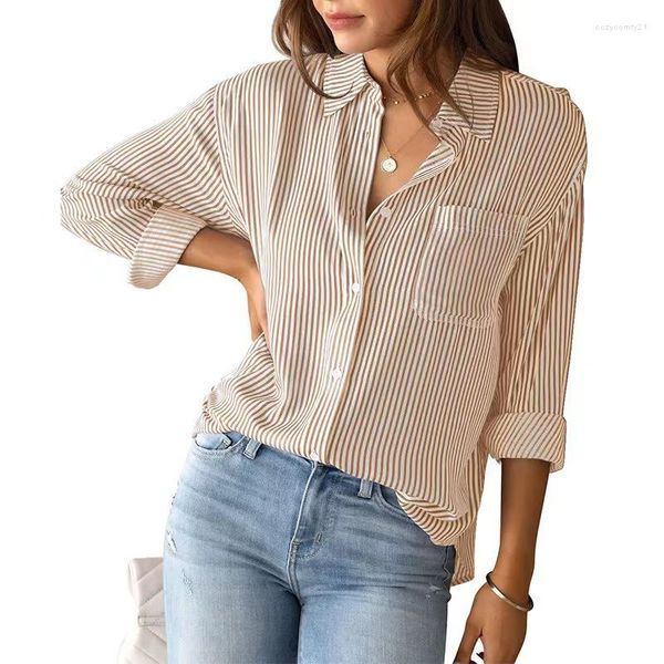 Blusas listradas de manga longa de manga comprida Mulheres primavera 2023 fêmeas elegantes ladras botão com tampa de moda de tamanho grande camisa da senhora