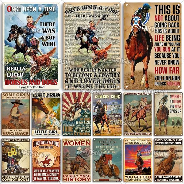 Placa de metal de cavalo Cowgirl Tin Poster Country Girl Decorativa Poster Cowboy Decoração de parede de garagem Club de pub Hotel Hotel Home Wall Hung Pintura 30x20cm W01