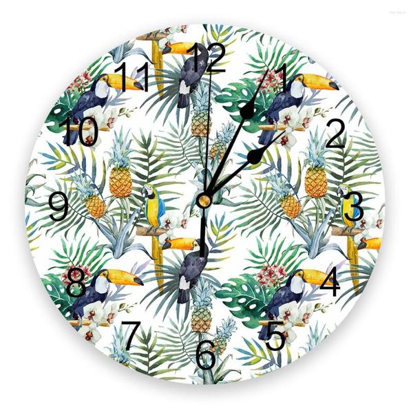 Relógios de parede Pineapple Parrot Plant Clock Room Decoração de casa grande redonda de quartzo mudo da mesa de decoração do quarto relógio