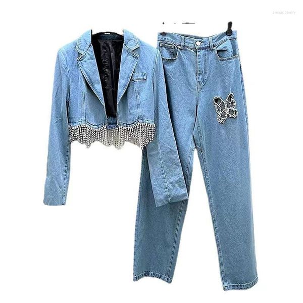 Calças de duas peças de duas peças Testas de tassels azul Blazers Blazers Diamantes de jeans com franjas com franjas Borboleta Crystal Hollow