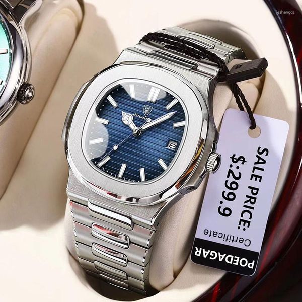 Нарученные часы SDOTTER Silver Luxury Mens Square Business Steel Steel Steel Stult Watch Man Simple Clendar Clock Водонепроницаемый спорт