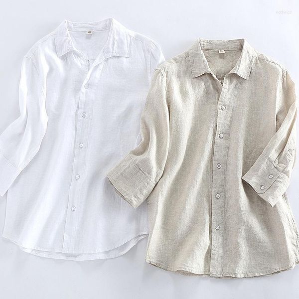 Camisas casuais masculinas camisa branca de linho puro com manga 7/4 Material solto Material fino respirável coloração sólida Middle Middle