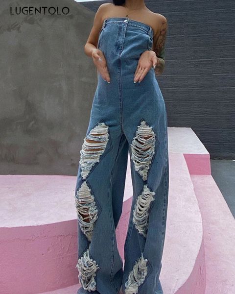 Damen -Jumpsuits Rompers Women Denim Jumpsuit sexy zerrissene Slash Neck ärmellose Loch Mode Slim High Taille Female Dame Overalls 230814 230814