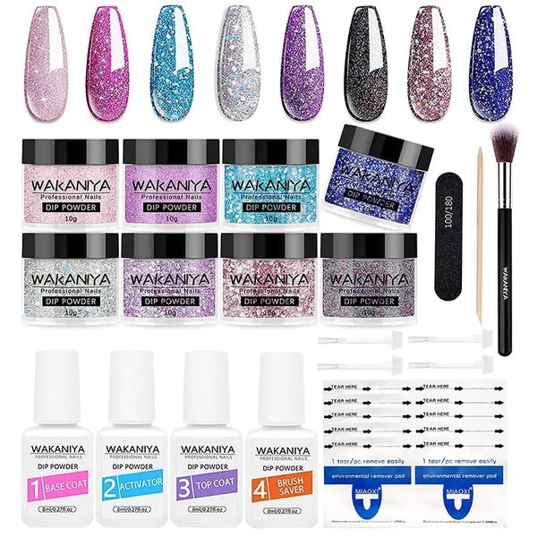 Kit di polvere di immersione per chiodo 8 colori glitter viola effetto lucido in polvere per chiodo con liquidi basare top padamio top pad di rimodellamento di immersione in polvere set per donne nail art fai -da -te