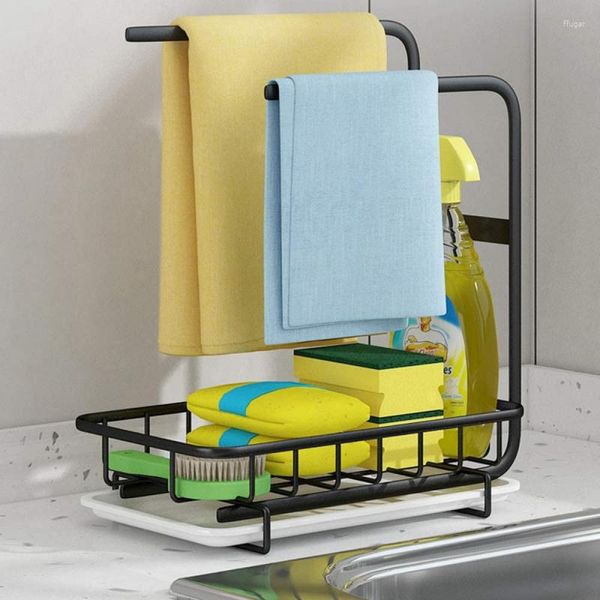 Organizador de armazenamento de cozinha Pia de pia de esponja de esponja Bandeja de esgotador de toalhas com panela de drenagem