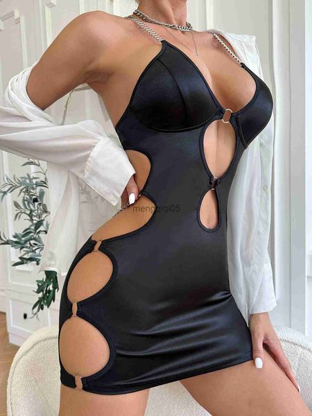 Sexy Conjunto Ectooko Hole de uma peça Open vestidos exóticos Mulheres pretas de retalhos sexy club corporal femme preto lingerie slim hkd230814