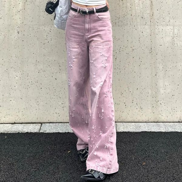 Женские джинсы в американском стиле розовый ретро разорванный дизайн, чувствуя себя прямым слабым широким широким широким ногами, трена