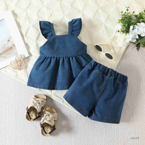 Kleidungssets 2023-05-11 Lioraitiin 0-24m Kind Neugeborenes Baby Mädchen 2pcs Sommerkleidung von Schultermännchen Blaues Shorts Kleid Top Denimhose R230814