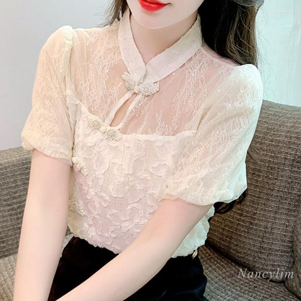 Camicette femminile camicia in pizzo in chiffon a maniche corte a maniche corte 2023 Cheongsam chic top lady busas