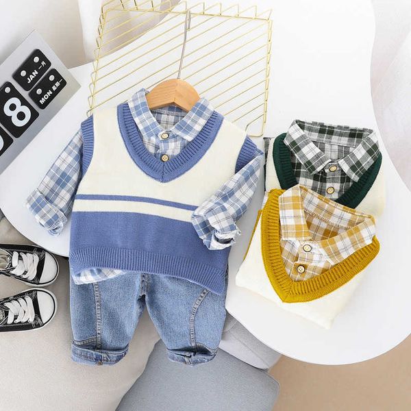 Conjuntos de roupas primavera outono algodão 3 peças suéter de malha colete + camisa jeans meninos/meninas conjuntos de roupas infantis moda casual roupa infantil