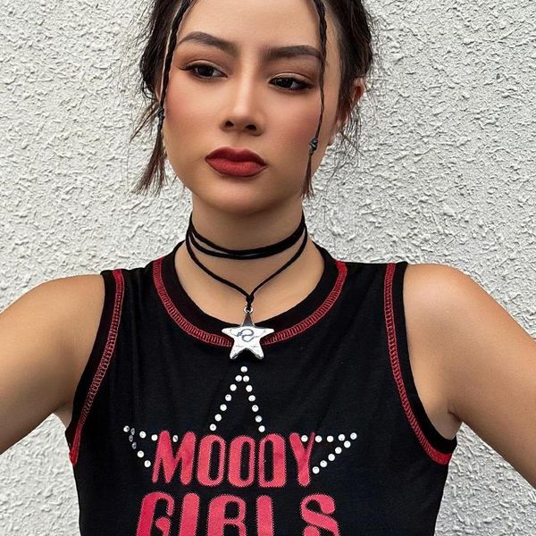 Kolye Kolyeler Retro Halat Punk Yıldız Uzun Kolye Ceza Kadın Niş Tasarım Kişilik Ayarlanabilir Drawstring Aksesuarları Takı Gelgit