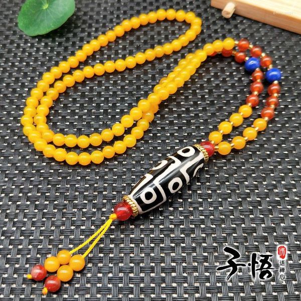 Anhänger Halsketten natürliche tibetische alte Achat schwarz und weiß neun Augen Perlen Halskette Hühnchenöl Topaz Made Buddha Perlenpullover Kette