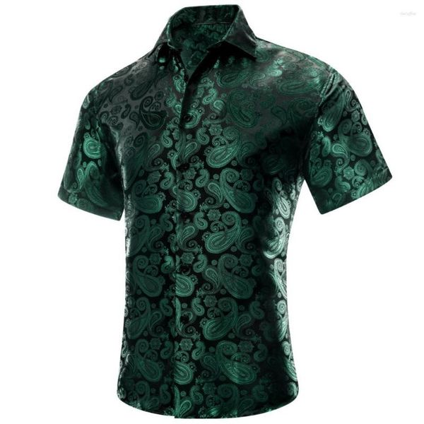 Herren lässige Hemden Hi-Tie Black Green Seide Kurzärmelen Herren Frühling Sommer Hawaii Jacquard Paisley Hemd Bluse Männliches Hochzeitsbüro xxxl