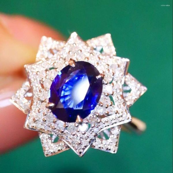 Anelli di cluster LR2023 Blue Sapphire Ring 1,2ct Real Pure Pure Pure 18K Naturale Insoat Reyal Deemone Diamonds Femmina