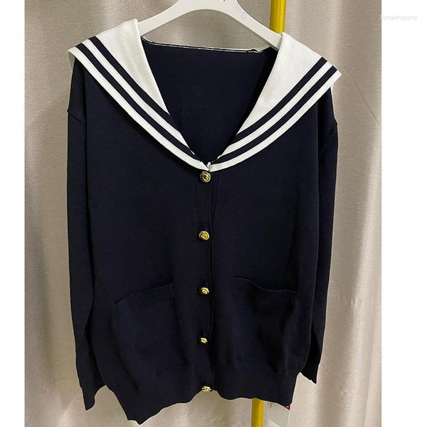 Damen Strick College -Stil Marinekragen dunkelblauer Pullover Single Breasted Cardigans Mantel Frauen Mode losen Frühling 2023 Tops