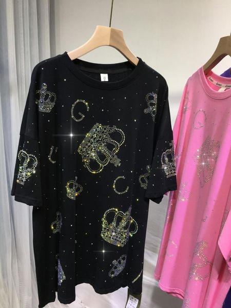 Kadın Tişörtleri XL-4XL Plus Boyut Üstleri Rhinestone İmparatorluk Taç Lüks Büyük Tunik Kadınlar Erkekler Yaz Kıyafetleri Giyim Tombul Y2K