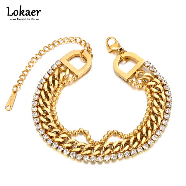 Charm Armbänder Lokaer Drei Schicht Kubikzirkonia Edelstahlkettenarmband für Frauen vergoldetem Schmuck ohne Allergie Fade B23082 230814